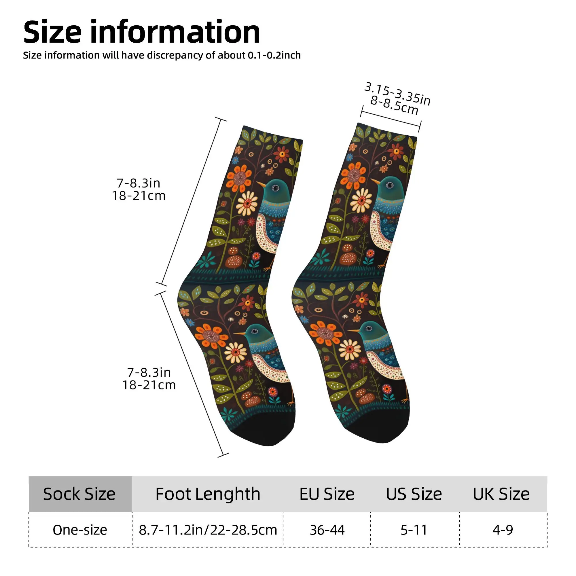 1pc Colorful Folk Art Bird Printed Men's Socks  Novelty Hip Hop Harajuku Pattern Crew Sock Casual Gift