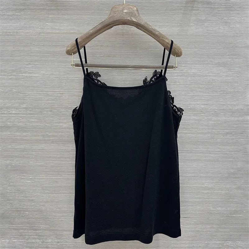 women's vest New elastic knitted slim fit sleeveless top for autumn 2026 Lace patchwork women's corset Wool blend tanks top y2k