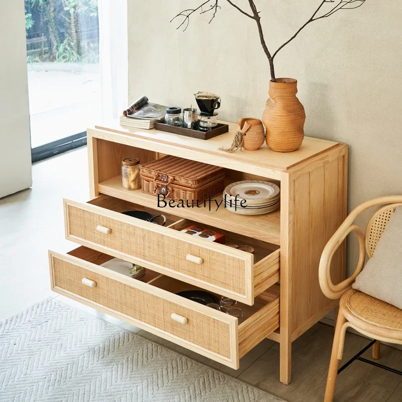 

yj32 Nordic rattan dining side cabinet storage cabinet bedroom simple modern solid wood locker against the wall