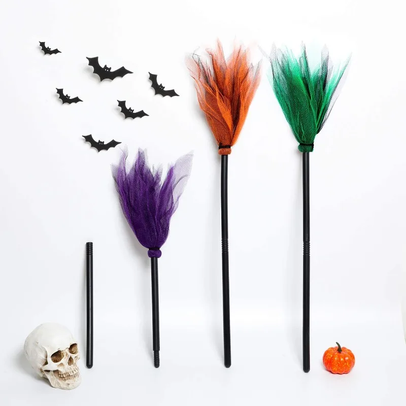 Halloween Witch Broom Detachable Tulle Broomstick Kids Cosplay Costume Prop Masquerade Party Decoration Supplies