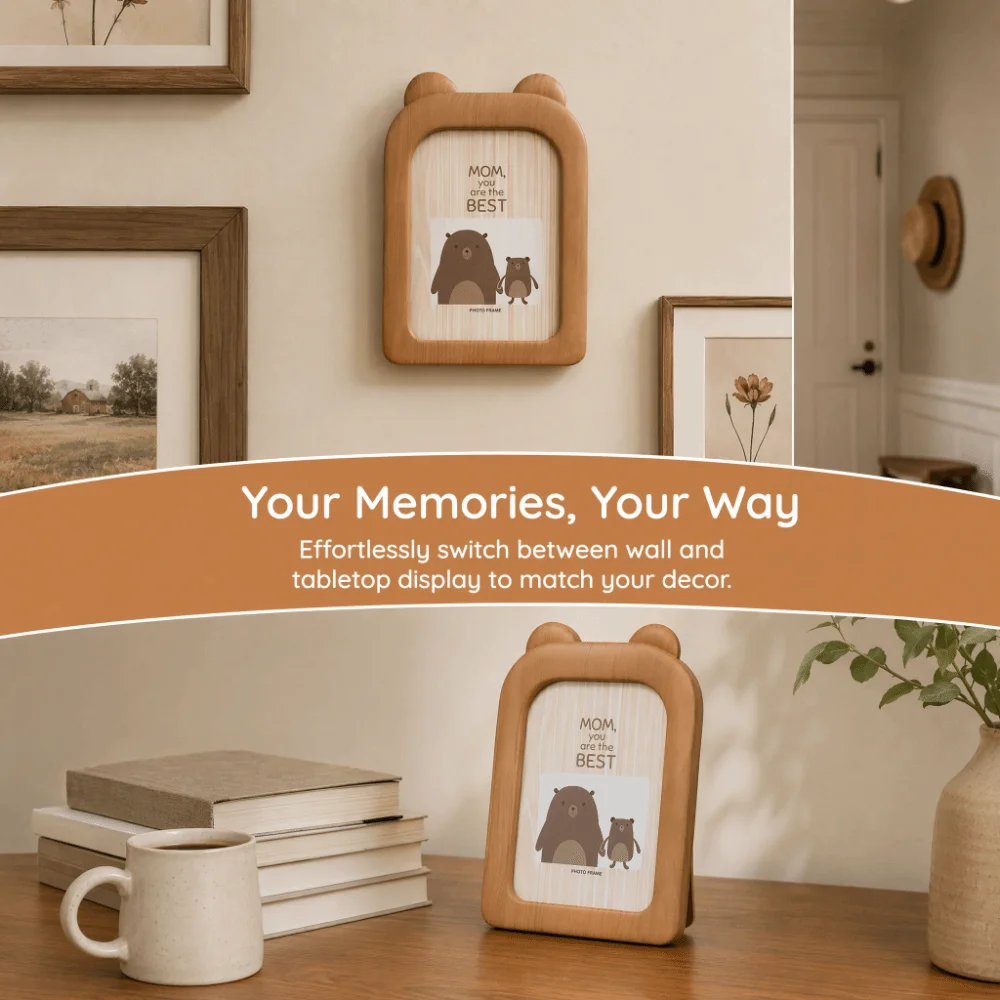 Plastic, Glass 7 Inch Animal Shaped Wood Grain Photo Frame 7 in Photo Frame Dual-use Wall & Tabletop Picture Frame Brown