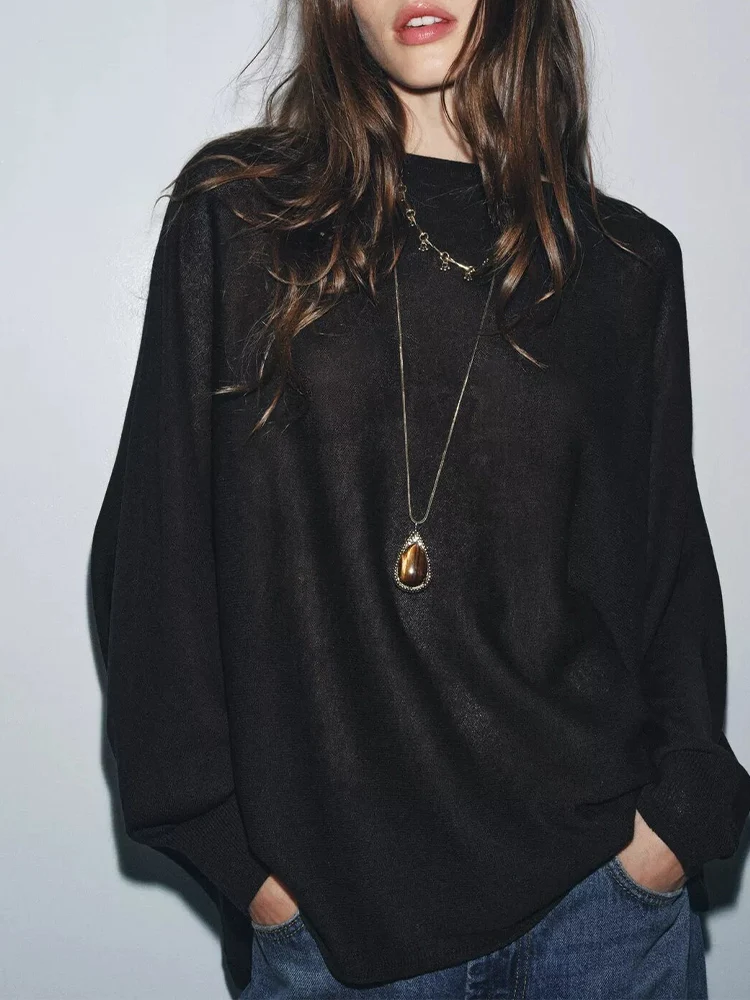 

European style new women's fashion versatile temperament solid color loose one-shoulder plain knit sweater