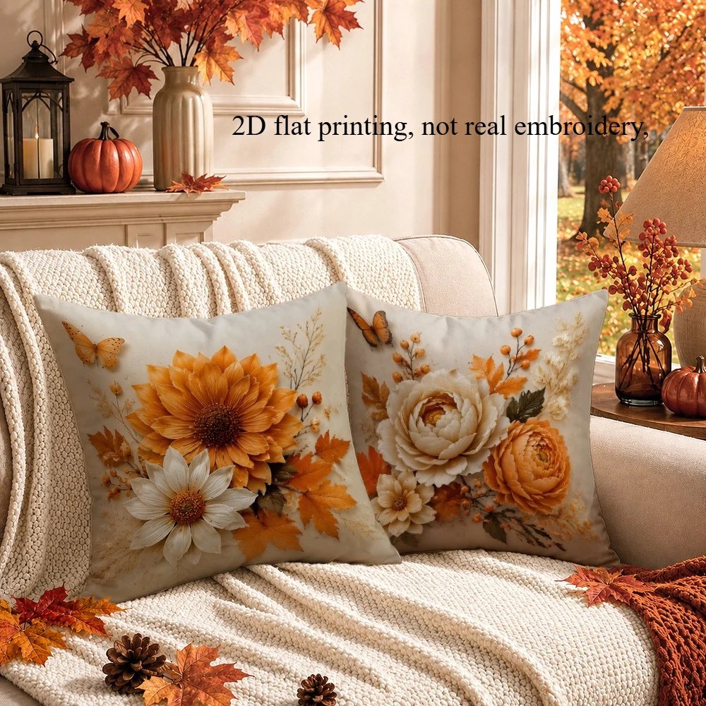 4PCS Fall Floral Print Pillow Covers Sunflower Peony Maple Leaf Butterfly Autumn Decorative Throw Pillow Sofa Couch Home Decor