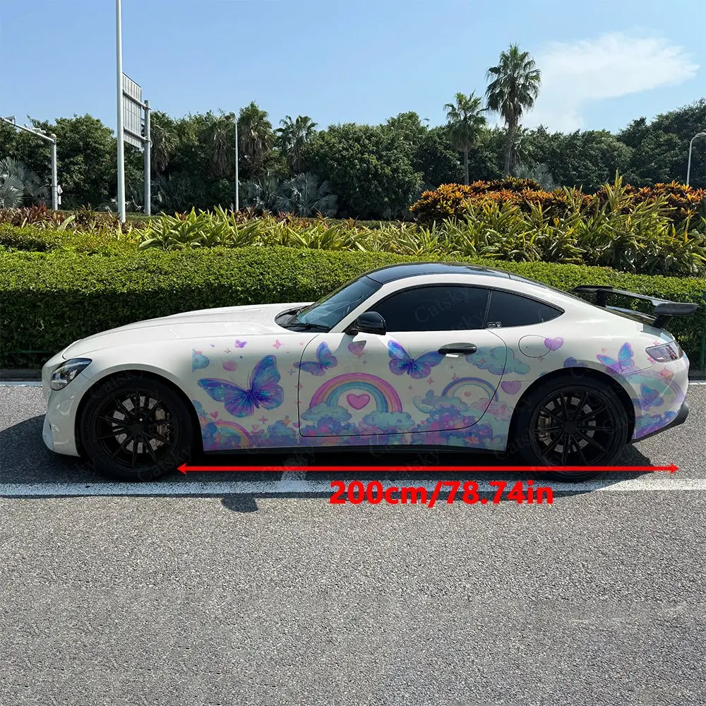 2pcs Gradient Butterfly Rainbow Heart Car Side Wraps, Self-Adhesive PVC Waterproof & Scratch-Resistant Stickers, Car Accessory