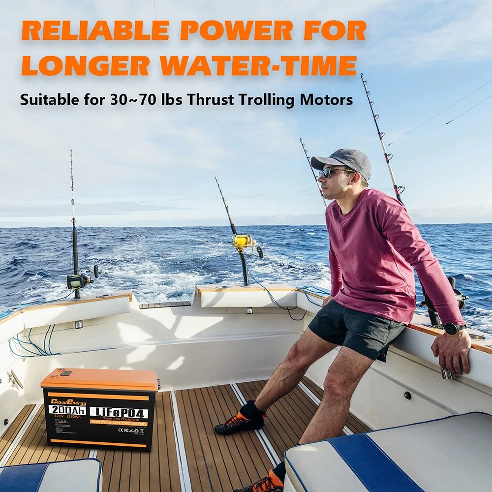 بطارية Cloudenergy 12 فولت 200 أمبير LiFePO4 طاقة احتياطية، مدمجة 100 أمبير BMS، دعم في السلسلة/المتوازية، طاقة 2560 وات في الساعة، 6000 دورة