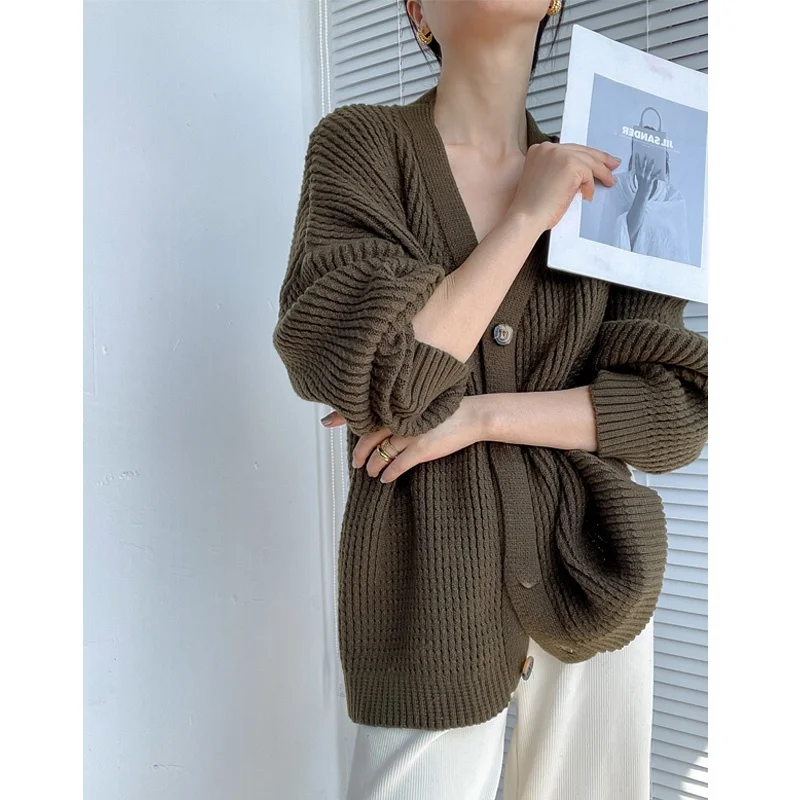 

Loose Knitted Cardigan Women's Soft Cozy Korean Sle V-Ne Long Sve Mid-Length Sweater Coat Autumn Winter New Arrival