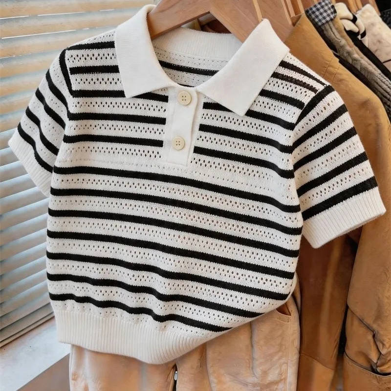 Children Polo Shirt Summer New Fashion Boys Girls Striped Knitted Short Sleeve T-shirt Hollow Out Thin Top Kids Clothing