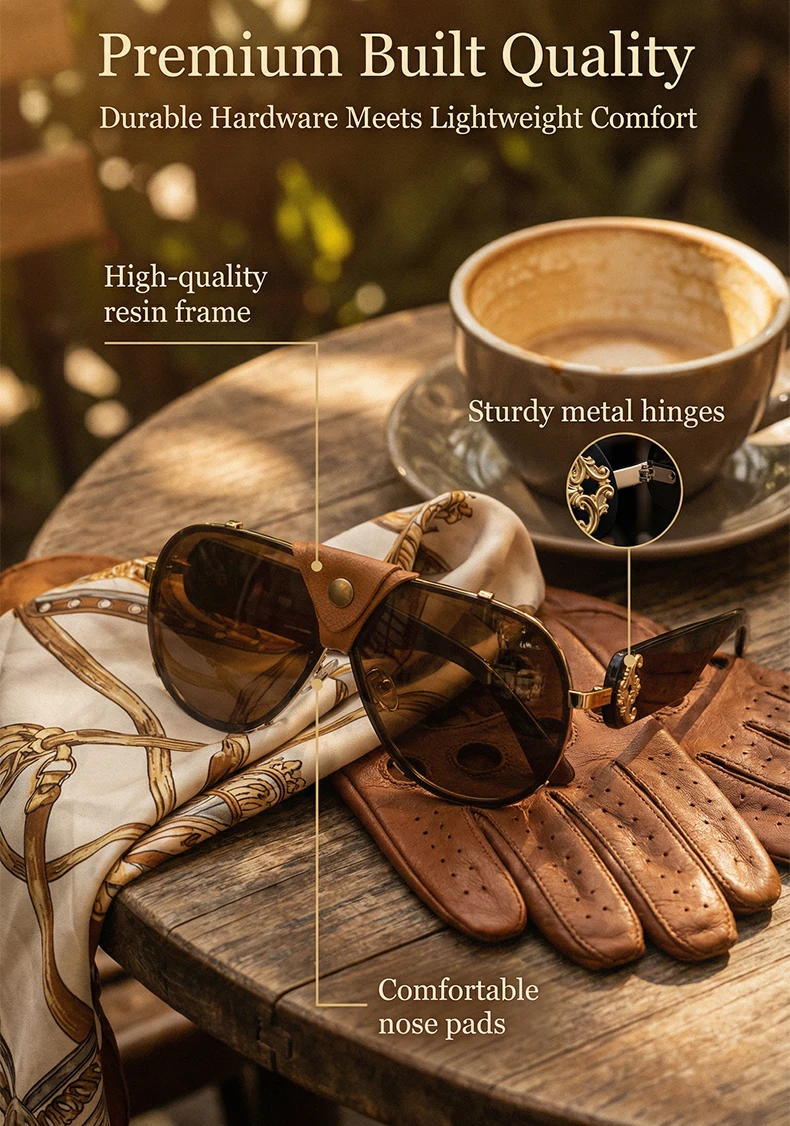Steampunk Übergroße Vintage Piloten-Sonnenbrille für Damen 2026 Luxusmarke Ovale Shield-Brille Schutzbrille Fahrerbrille aus Leder – Detail 6
