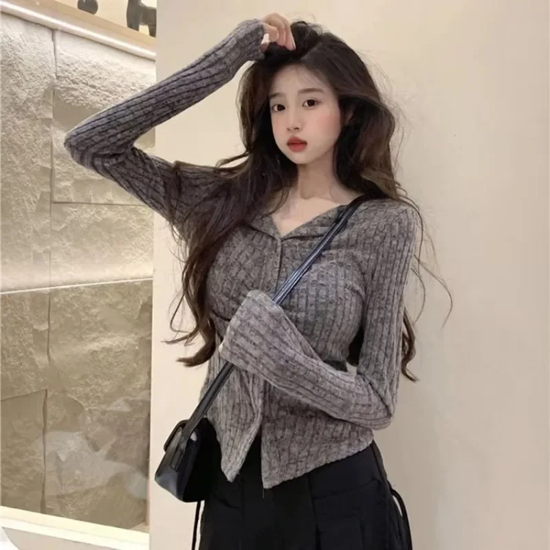 Women Slim Cropped Long Sleeve Ribbed Knit Cardigan Korean Lapel V‑neck Y2K Casual Daily Autumn Winter Knit Coat Fashion Tops