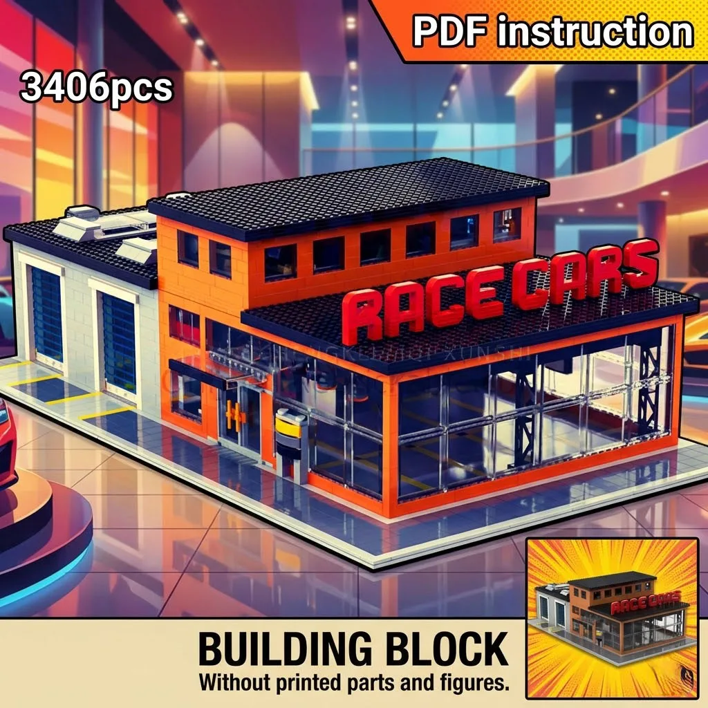 

Модель-конструктор MOC: Современный автосалон с стеклянным фасадом и сервисным центром (архитектурная модель)