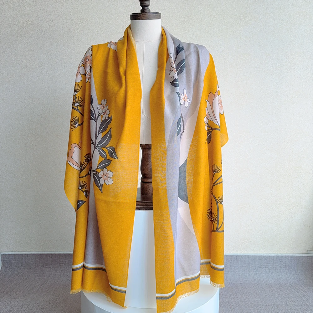 

Shawl For Elegant Women High Quality Chinese Style 100% Woollong Thin Warm Yellow Scarf 190x70cm Extra Long Autumn And Winter