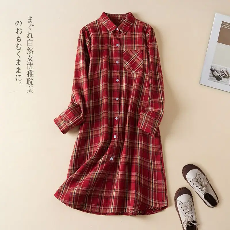 Export Italian brand autumn new style checkered shirt women\'s medium long long long sleeved brushed top loose casual shirt