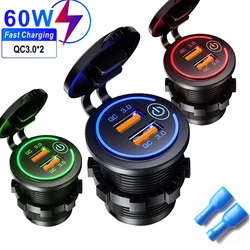 60W Fast Quick Phone Charger QC3.0 Dual USB Socket Power Outlet With Switch Waterproof 12V-24V For Car Motorcycle Boat