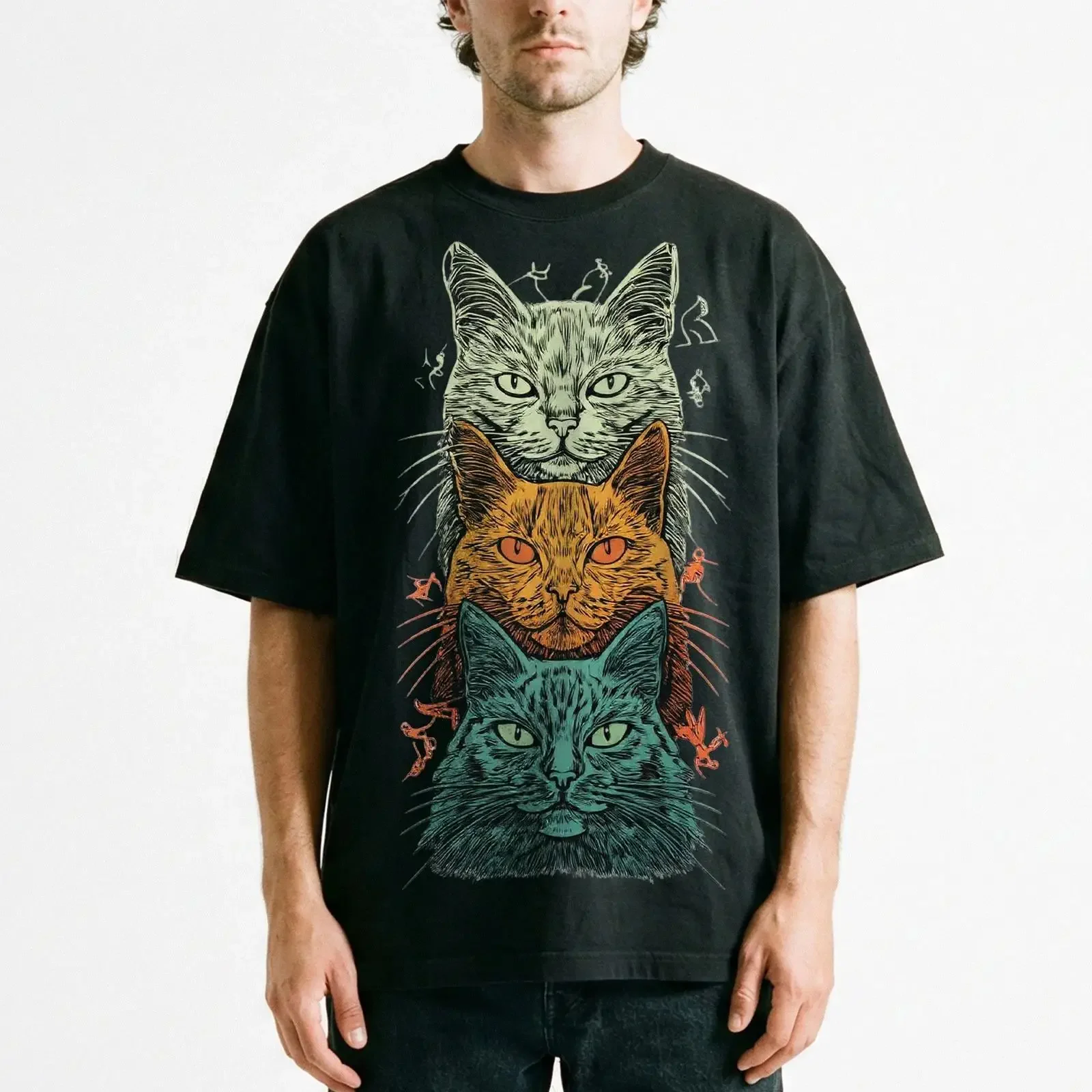 Three Mystical Cats Stack Occult Witchy Vintage T Shirt Cat Lover  vintage Washed homme Versatile Comfortable streetwear