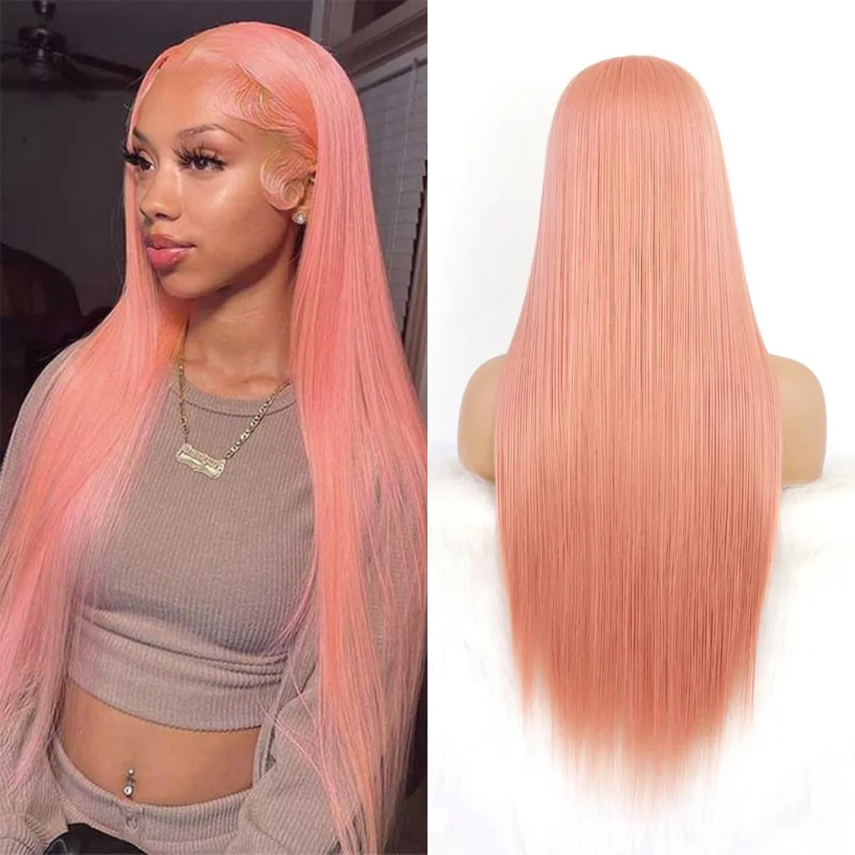 Pink Lace Front Wig Long Straight Hair Pastel Pink Red Wig Heat Resistant Glueless Synthetic Lace Front Wigs for Fashion Women