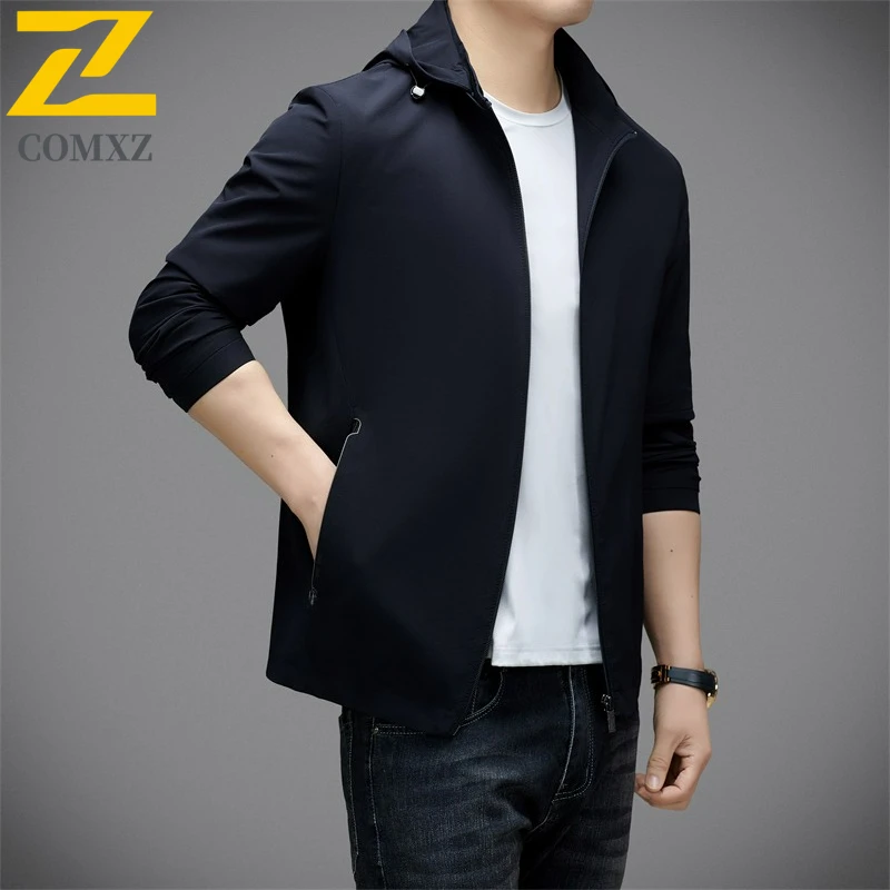 Hooded Jacket Men New Trendy Detachable Hood Work Coat Classics Business Casual Comfort Lightweight Spring Autumn Outerwear