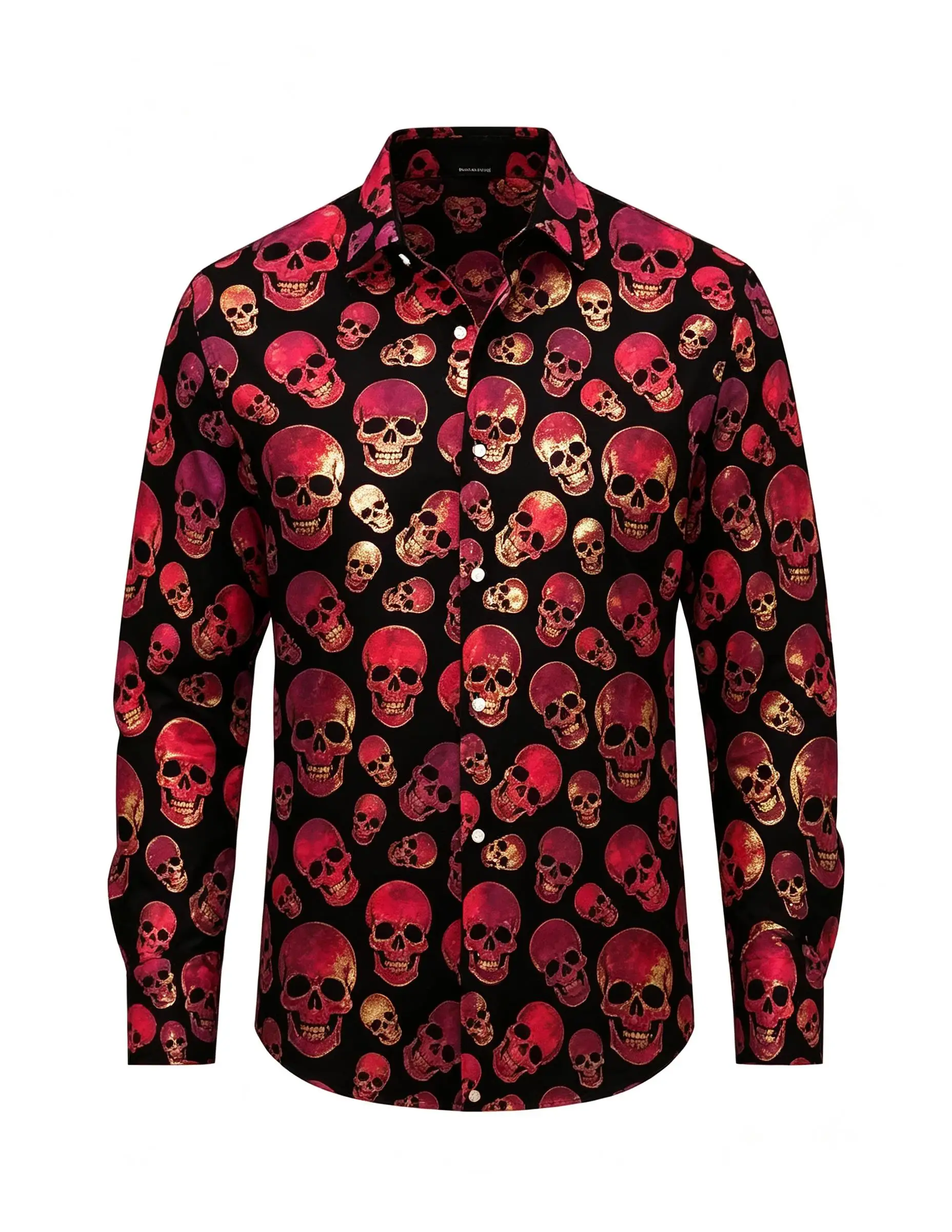 Men Long-Sleeve Button-Down Shirt Black Purple Gradient Skull Print Polyester Lapel Collar Halloween Party Top