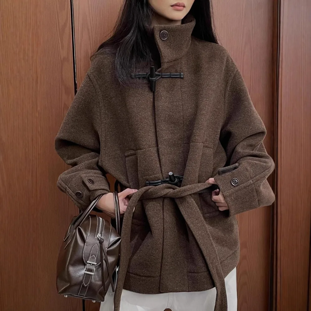 Autumn and Winter New Coat Thickened Short Horn Buckle Strap Turtleneck Coat Women's Loose Woolen Texture Unique Fashion Simple