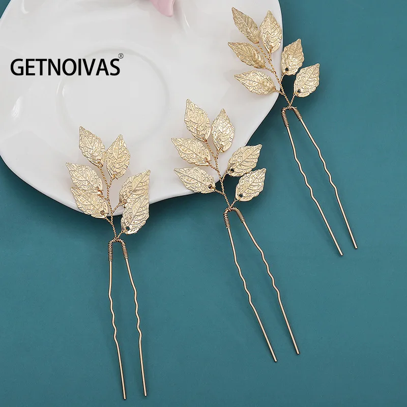 Sweet U Shape Hairpin Vintage Hair Accessories Gold Color Leaf Headdress for Bride Bridesmaid Wedding Banquet Bridal Headwear