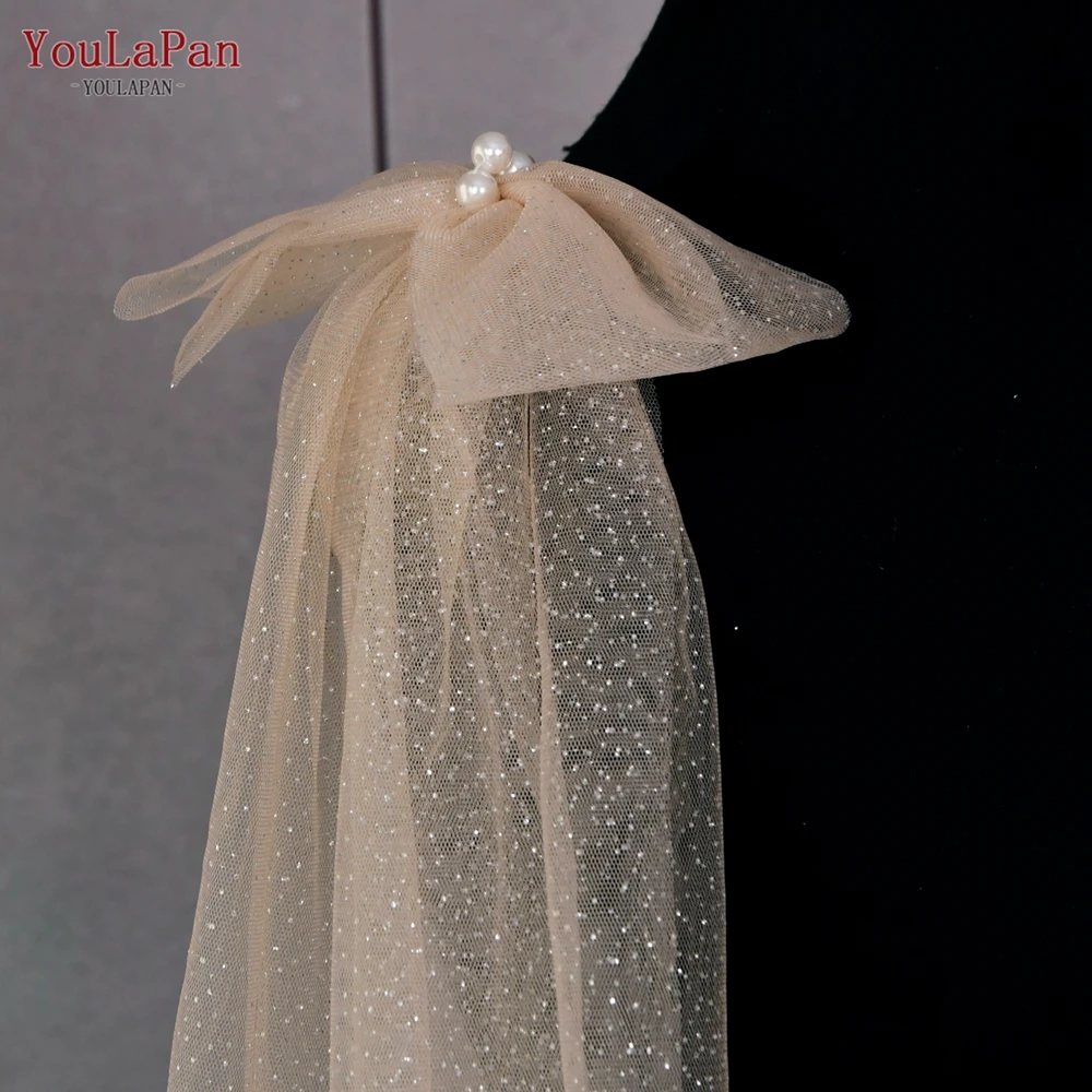 YouLaPan G34 scintillante ali da sposa velo con fiocco 2PC velo da spalla da sposa maniche rimovibili tappeti per le donne estate elegante fai da te