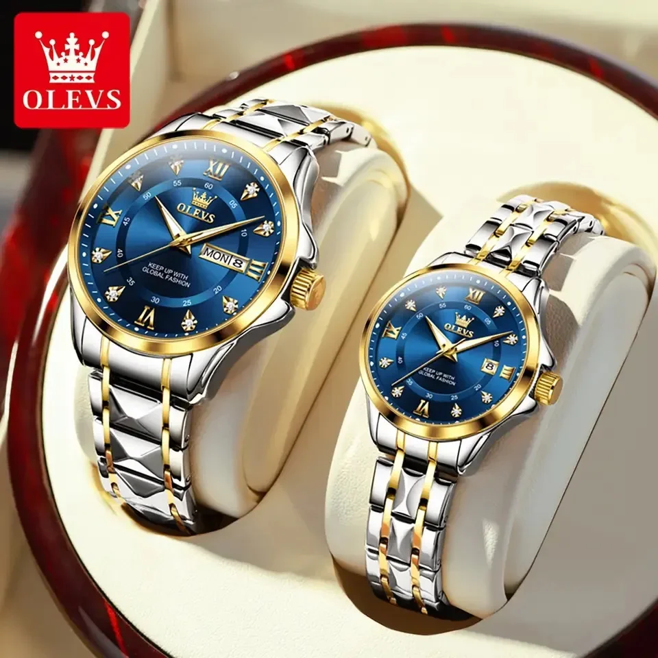 OLEVS Quartz Couple Watches for Men and Women Luxury Golden Stainless Steel Dual Calendar Dial Waterproof Luminous Wristwatches