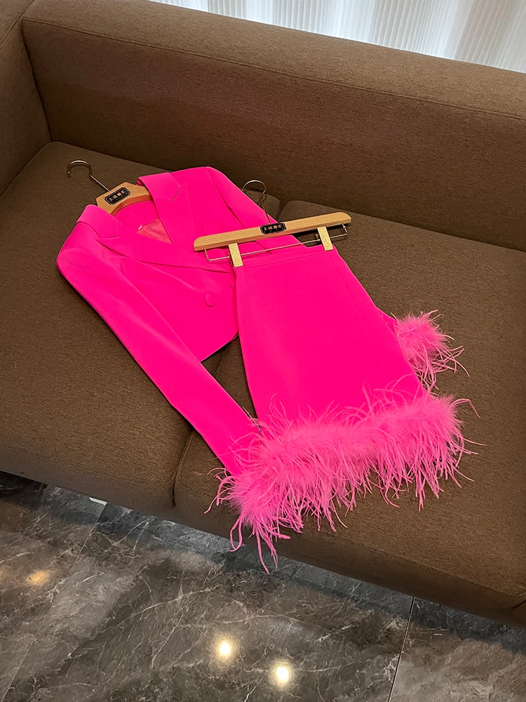 

Женский деловой костюм осень-зима 2025 года, комплект со страусиными перьями, надежный и Ele D37