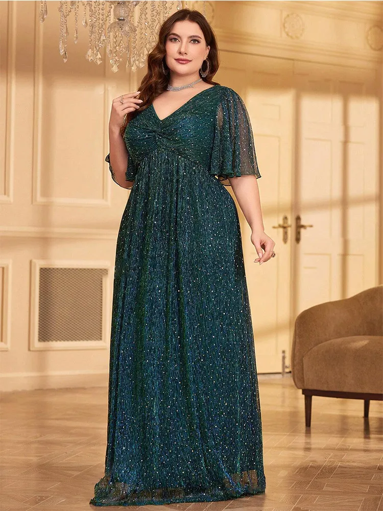 Plus Size Green Colorful Short-Sleeved Floor-Length Evening Dress 4xl 5xl Big Size Chiffon Shiny Evening Prom Dress For Women