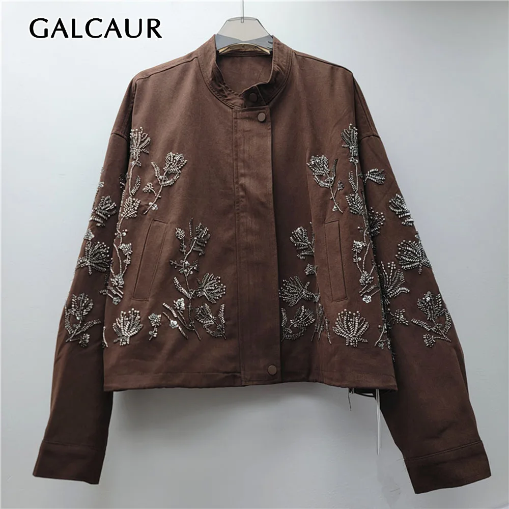 GALCAUR Pocket Spliced Embroidery Loose Jacket for Women Stand Collar Long Sleeve Patchwork Zipper Casual Jackets Female Fashion