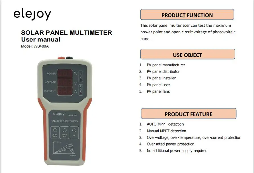 WS400A Photovoltaic Panel Multimeter Solar Panel MPPT Tester Smart  Solar Panel Multimeter VOC Testing Power Meter