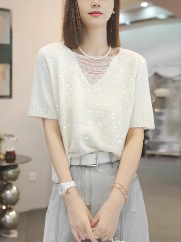 

Летний женский топ свободного кроя с вырезом V-образной формы, ажурной вязкой и эффектом утончения, в корейском стиле