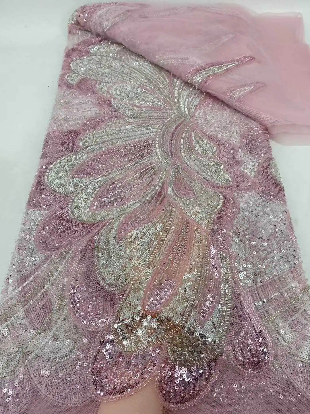 

Pink Elegant African Handmade Heavy Beaded Mesh Lace Fabric 2025 French Sequins Tulle Lace Fabric for Women Party Dresses Sewing