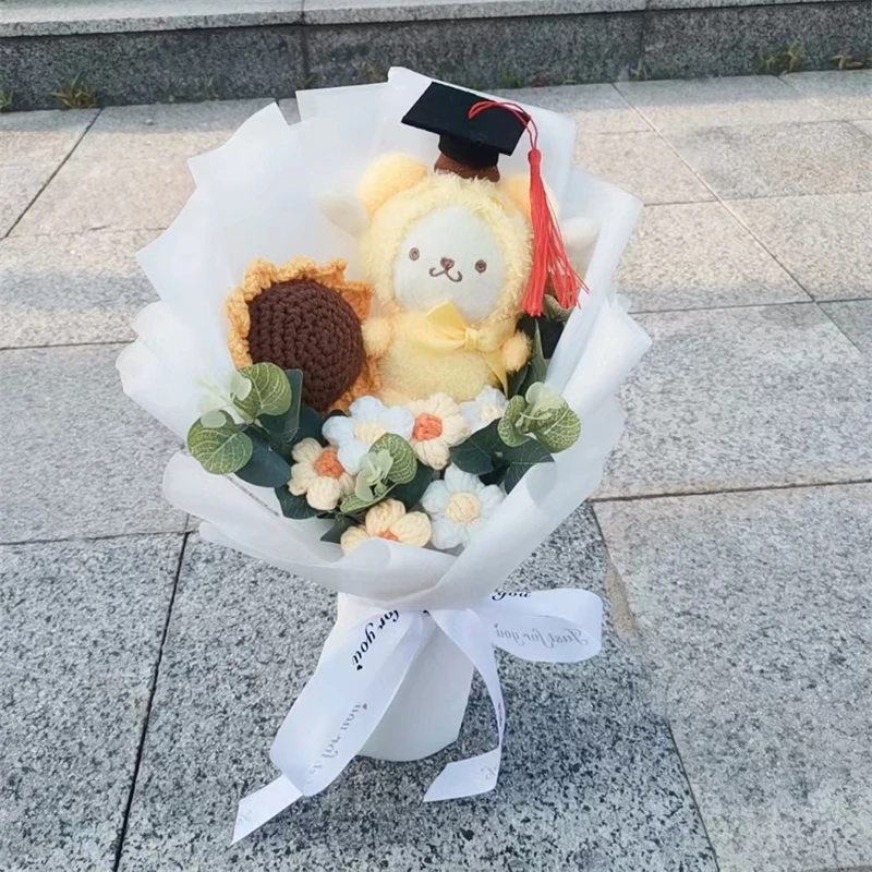 Buquê de formatura kuromi olá kitty cinnamoroll minha melodia boneca de pelúcia brinquedo com girassol de lã presentes de natal do dia dos namorados