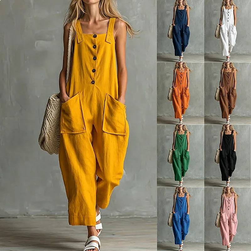 Cross-Back Flachs-Jumpsuit für Damen, lockerer Overall mit Taschen, Frühling/Sommer