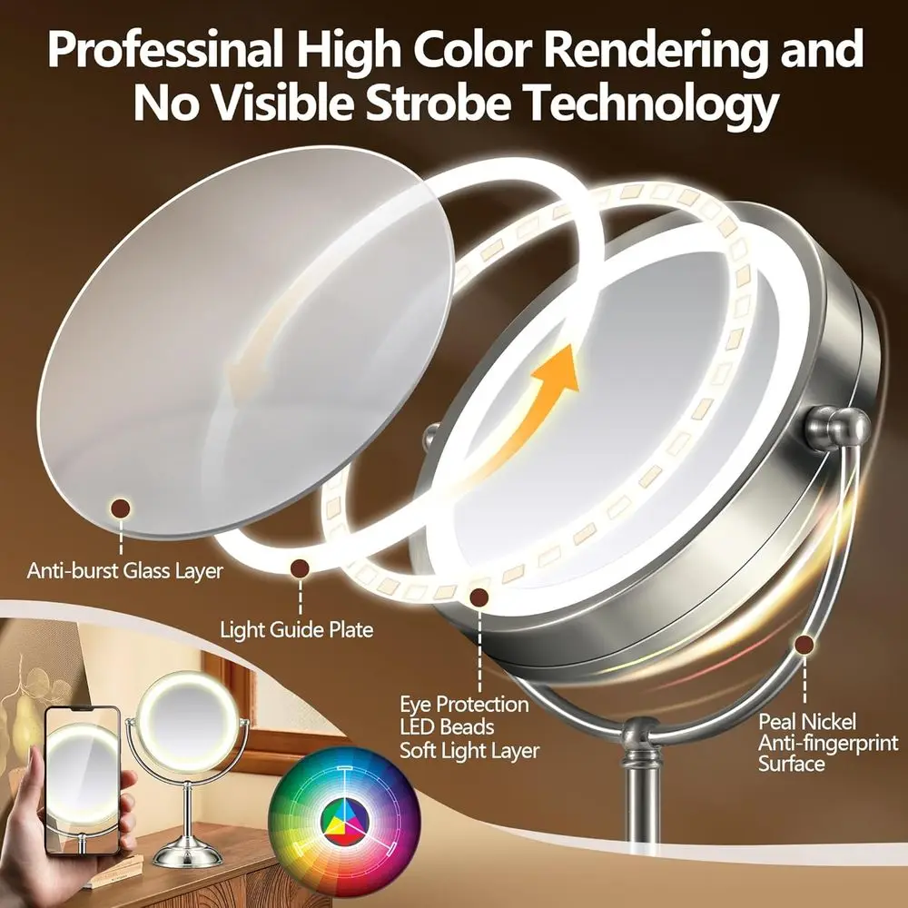 9 Rechargeable LED Makeup Mirror with 30-Minute Timer, 3 Lighting Modes, Adjustable Brightness, 360° Rotation, Pearl Nickel Fini
