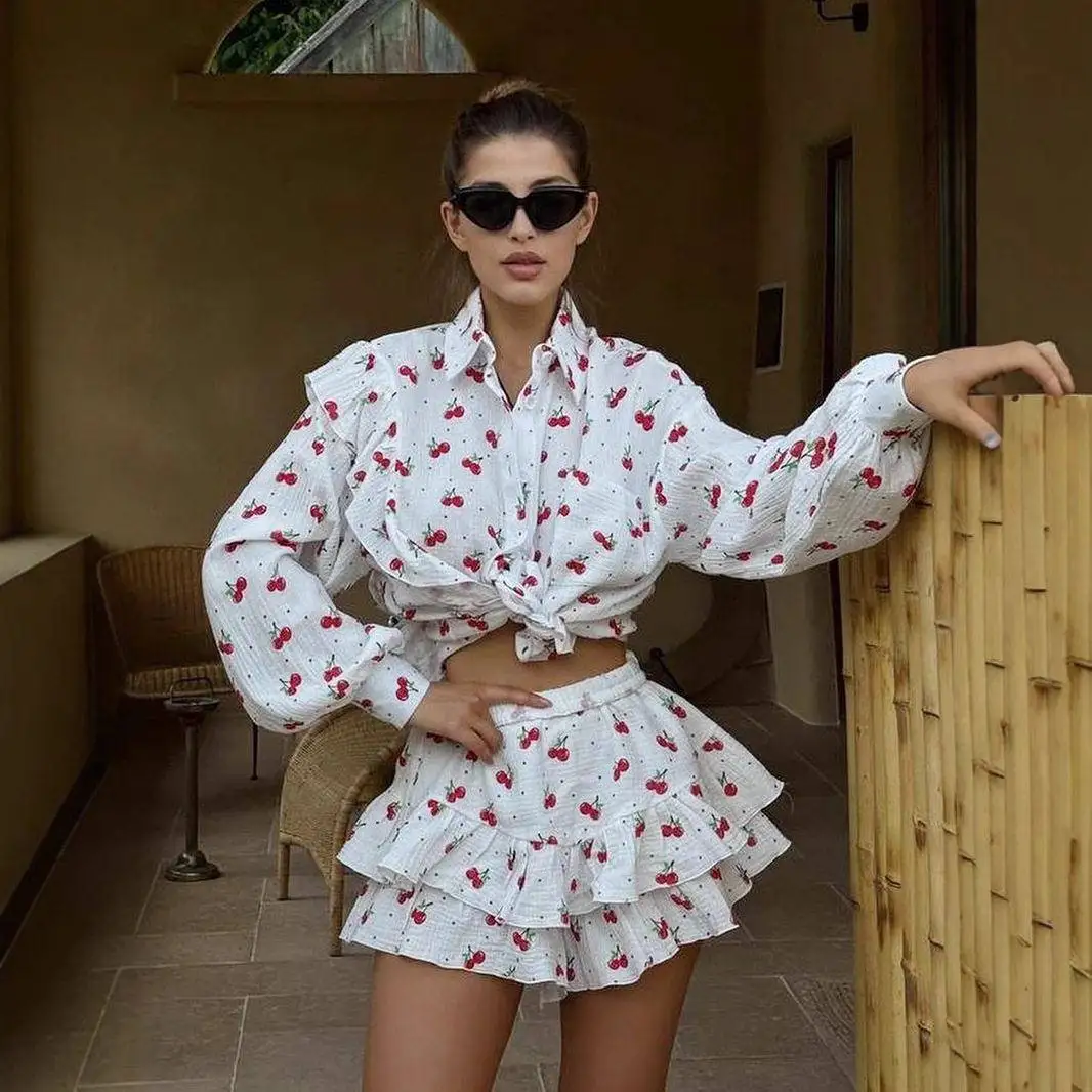 

Pure Cotton Floral Print Short Set Long Sleeve Shirt And Shorts Casual Outfit Women's Fashion Spring Summer Sweet Style