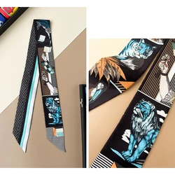 Korean Summer Versatile silk scarf Stripe Plaid Animal Lion Women Twill Ribbon Binding Bag Handle Ribbon Hair Band Small Scarf