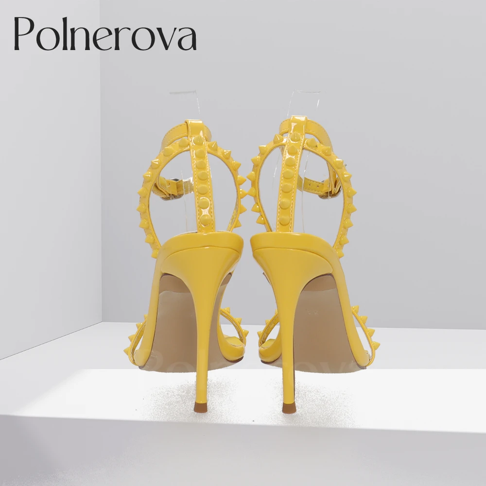 Yellow Leather Rivet Sandals Sweet Style Designer Shoes Luxurious Fashion Banquet Heels for Women Round Toe Stiletto Shoe Custom