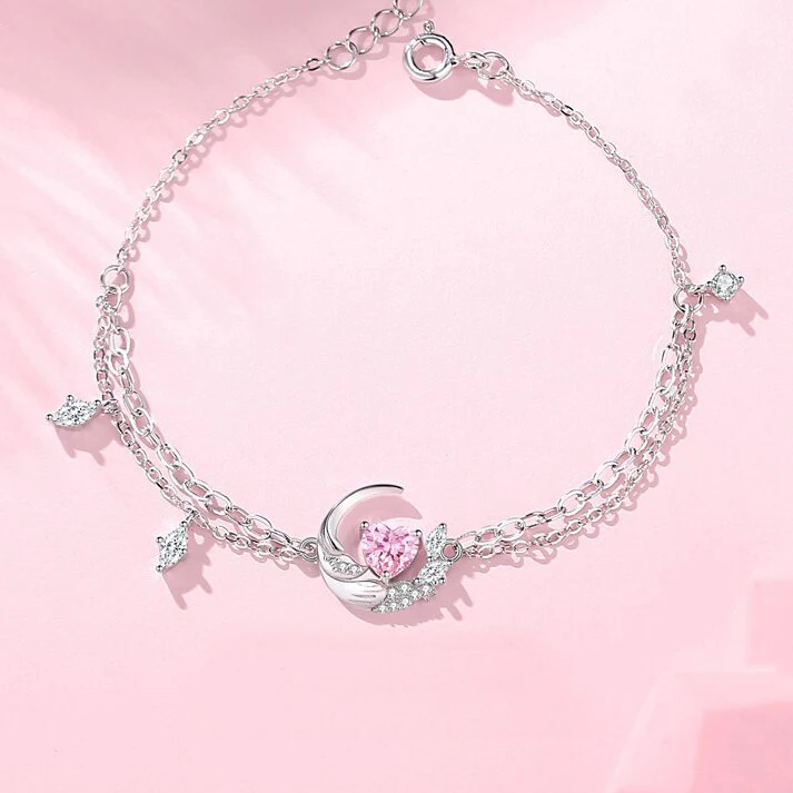 European Pink Heart AAA CZ S925 Sterling Silver Necklace Chain Love Wing For Women Birthday Jewelry
