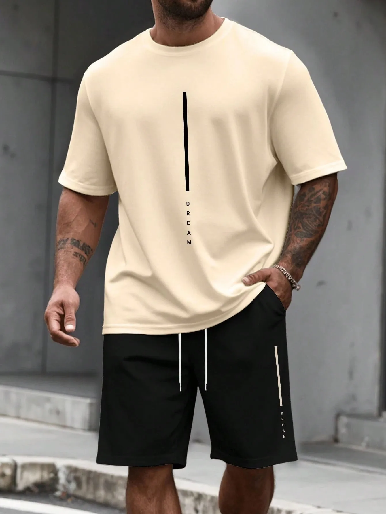 

2026 Summer New Men's Short-Sleeved Shorts Set with 3D Lines Pattern Printing - Street Casual Fashion Comfortable and Soft