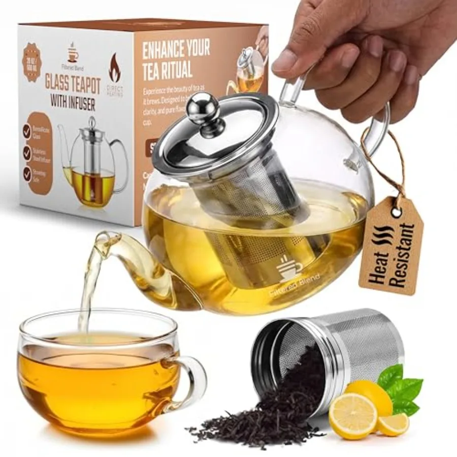 Tetera de Vidrio Transparente Pequeña de 20 oz (600 ml) con Infusor, Tetera de Borosilicato Resistente para Té de Hojas Sueltas e Infusiones Herbales