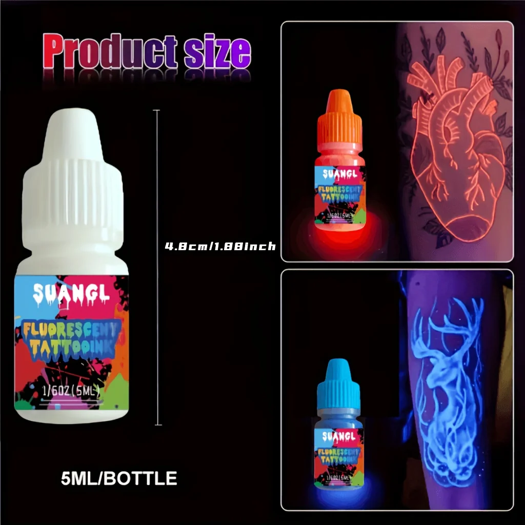 Ensemble d'encres de tatouage fluorescentes UV – 8 couleurs qui brillent sous la lumière noire, sûres et non toxiques, bouteilles de 5 ml.