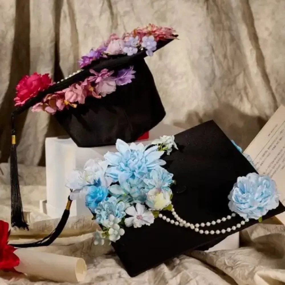 

Trencher Cap DIY Flowers Graduation Cap Mortar Board Adjustable Kids Academic Hat with Tassels Fringe Charm Ornament