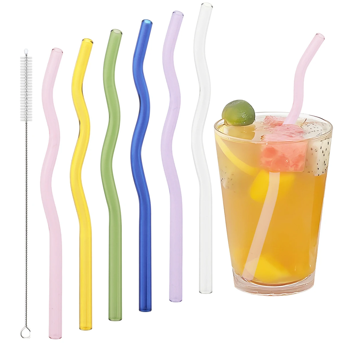 

6pcs Milkshakes Cocktail Coffee Straws Wavy Glass Straw with Brush 200*8mm Reusable Drinking Straw Set Kitchen Bar Accessories