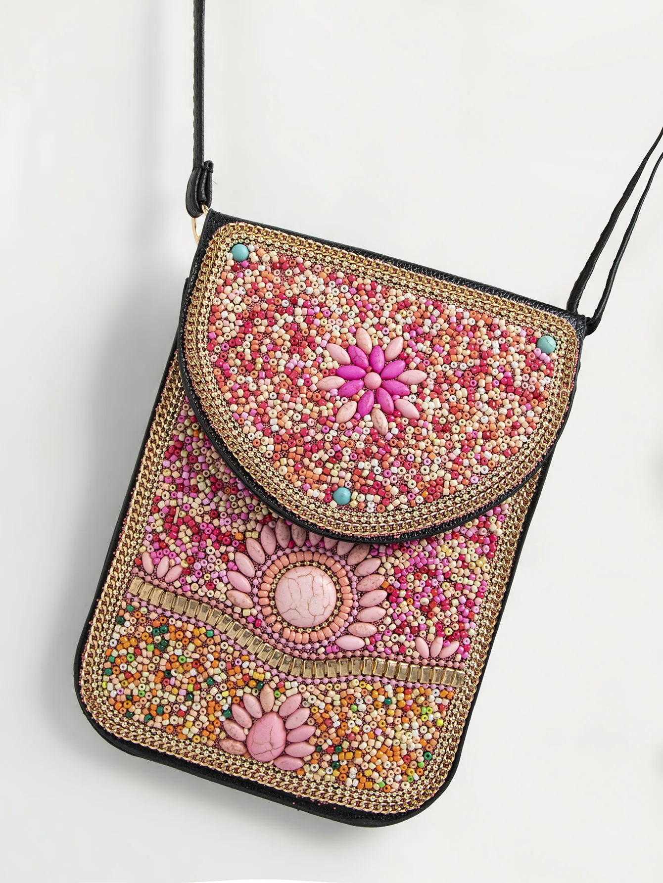 Bohemian Style Bag Bead Ethnic Style Satchel Shell Phone Bag Flower Pu Trip Shoot Shoulder Crossbody Women's Square Bag