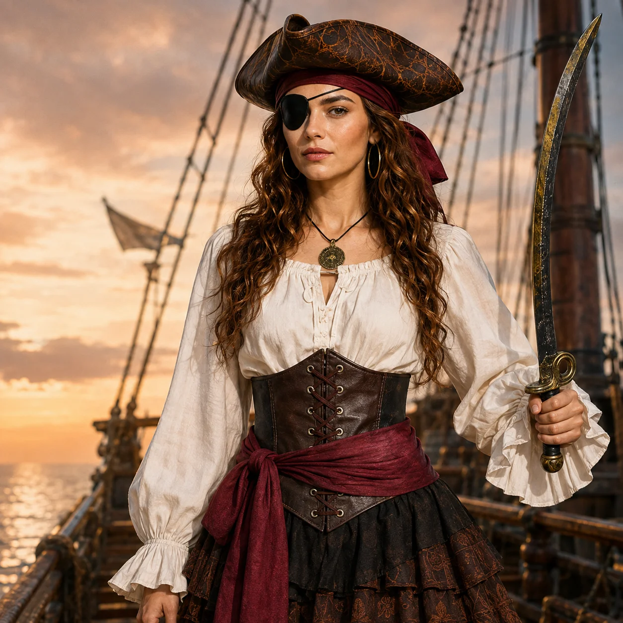 Women Pirate Costume Accessory Set Vintage Hat Eye Patch Corset Waist Belt Necklace Headscarf Halloween Cosplay Party Supplies