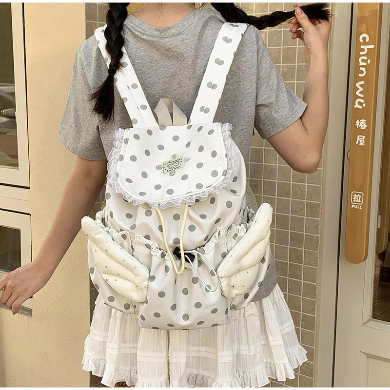 Angel Wings Polka Dot Studenten-Rucksack mit Kordelzug, koreanische süße süße Schultasche aus Nylon, leichte, lässige, geräumige Reisetasche – Detail 11