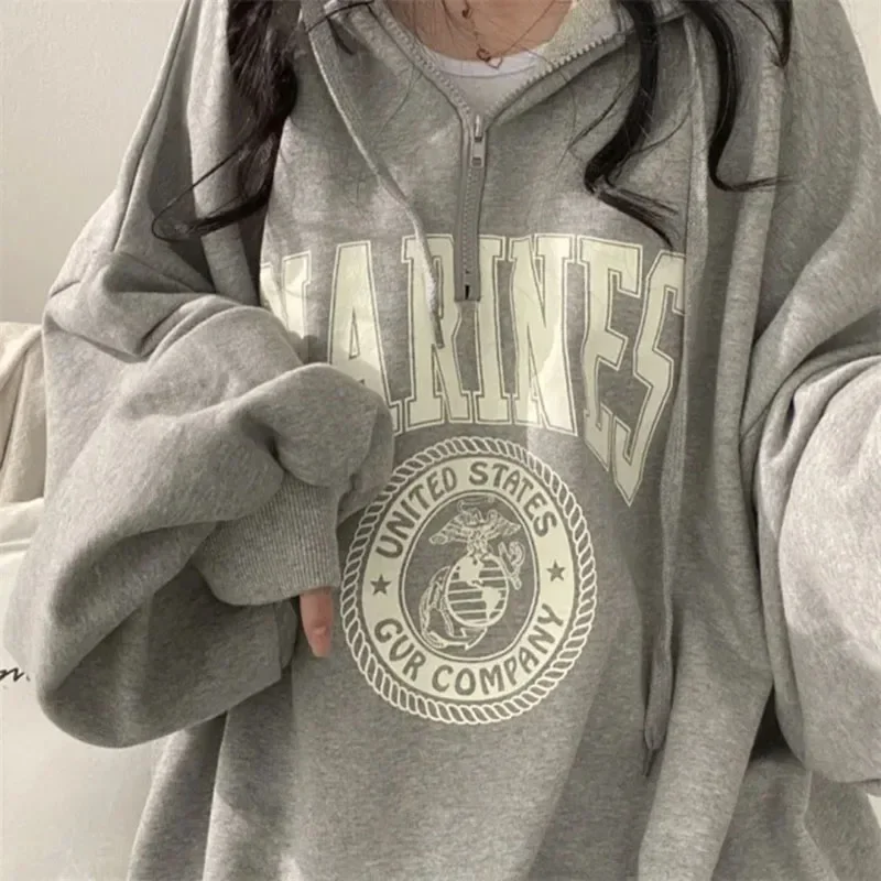 GIDYQ  Korean Oversized Zip Up Hoodies Women Fashion Letter Print Hip Hop Sweatshirt Harajuku Vintage Loose Casual All Match Top