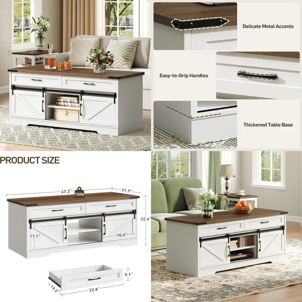 

Rustic Large Farmhouse Coffee Table with Storage, 2 Drawers, Sliding Barn Doors, Open Compartments for Center Space