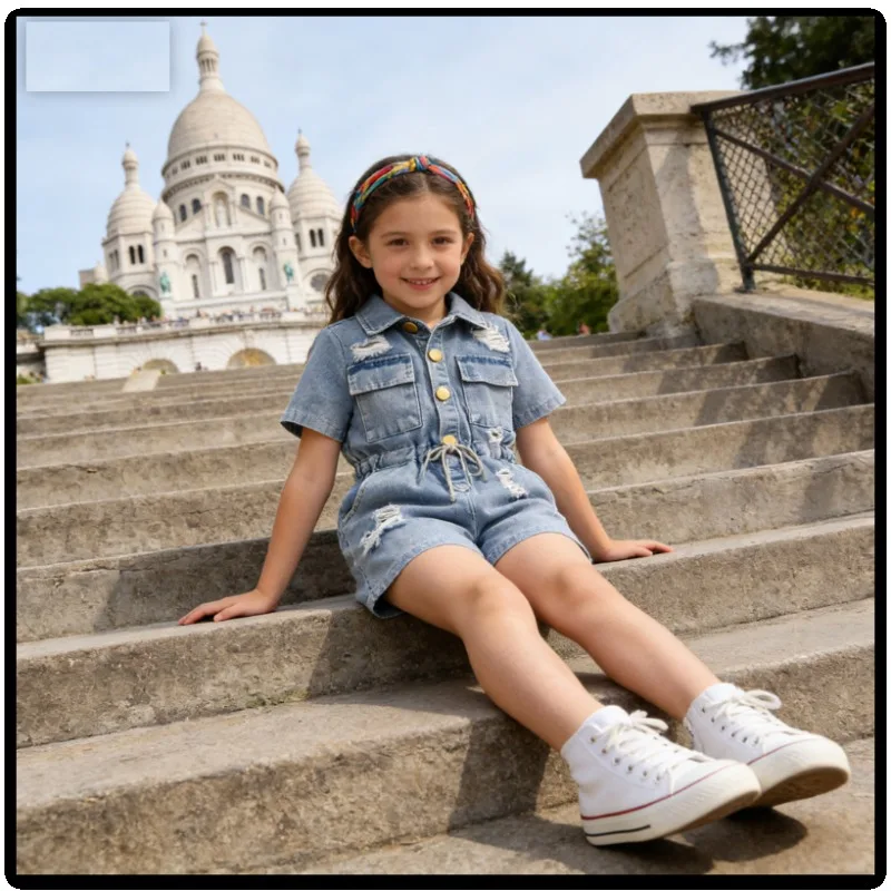 キッズデニムロンパース夏新作2023女の子半袖ラペルダメージ加工ウエストタイジャンプスーツ幼児用