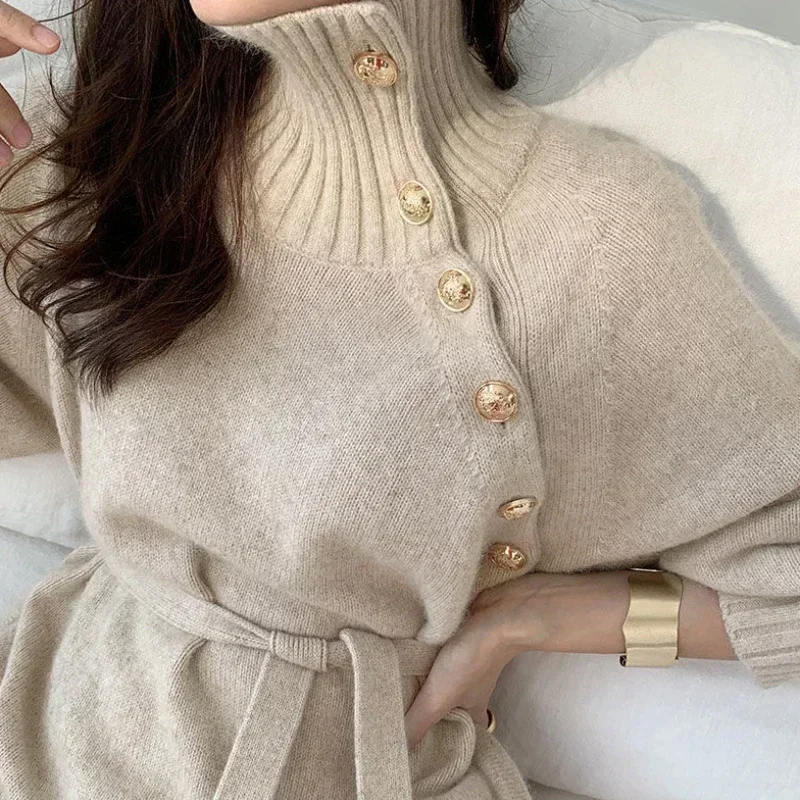 Turtleneck Sweaters Dresses for Women Party Pullovers 2025 New Spring Autumn Winter Button Long Sleeves Skirts Female Clothing